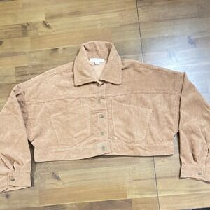 Women Corduroy Cropped Jacket Beige Button Front Minimalist Layer Top